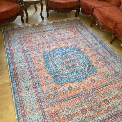 Waschbarer Teppich in Blau und Orange im persischen Stil