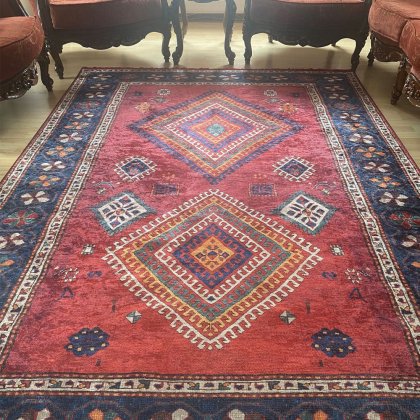 Roter Aubusson Kelim Stil Waschbarer Teppich