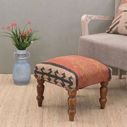 Orangefarbener quadratischer Kelim Hocker mit Ottomane