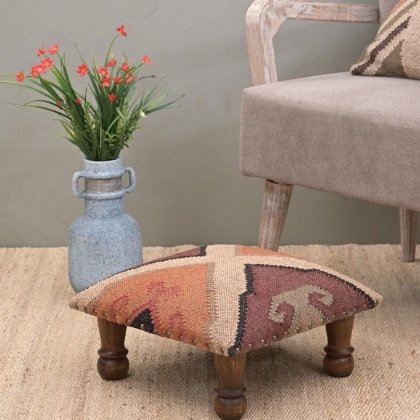 Beigefarbene Wolle und Jute Kelim Hocker Ottomane