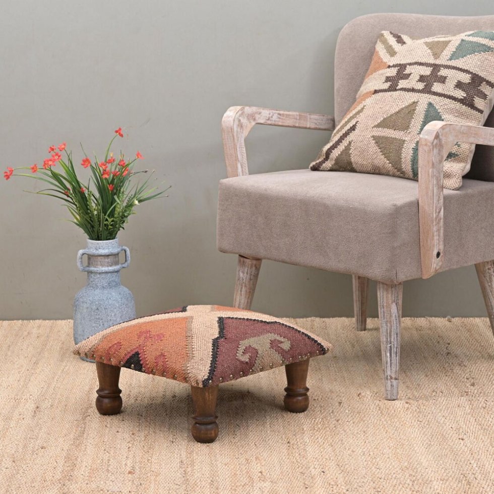 Beigefarbene Wolle und Jute Kelim Hocker Ottomane