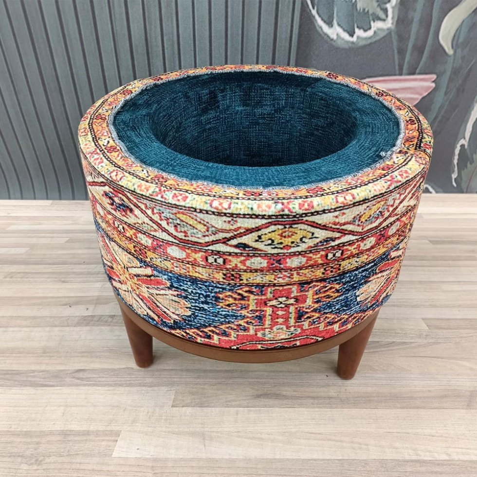 Blauer und beiger runder türkischer Kelim-Ottoman mit Stauraum