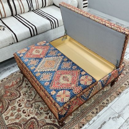 Türkischer quadratischer Kelim-Ottoman Couchtisch mit Ablage